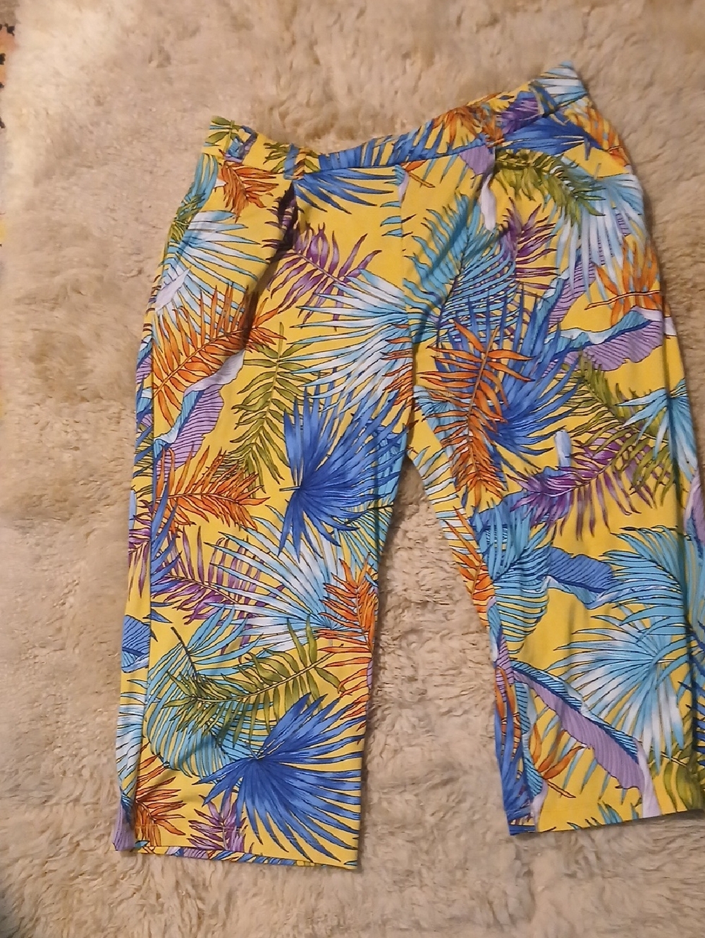 SOHO Tropical Print Pants Yellow Blue Purple. Stretchy With Pockets.
